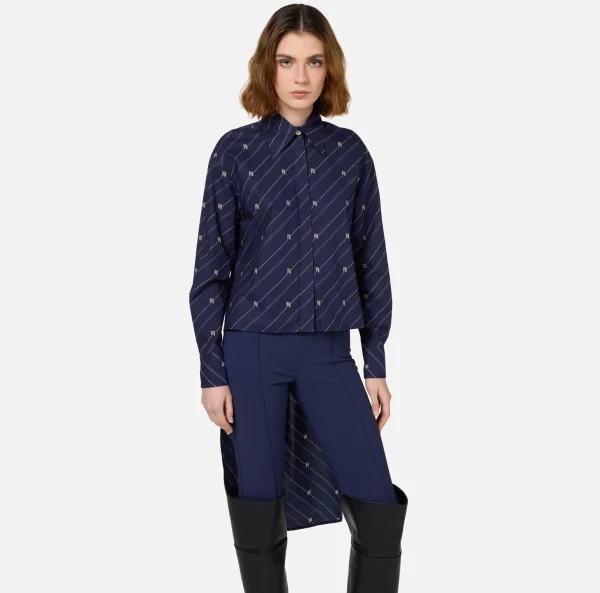 Elisabetta Franchi Camicie E Bluse^Camicia in popeline stampato con fondo asimmetrico Navy/Crema