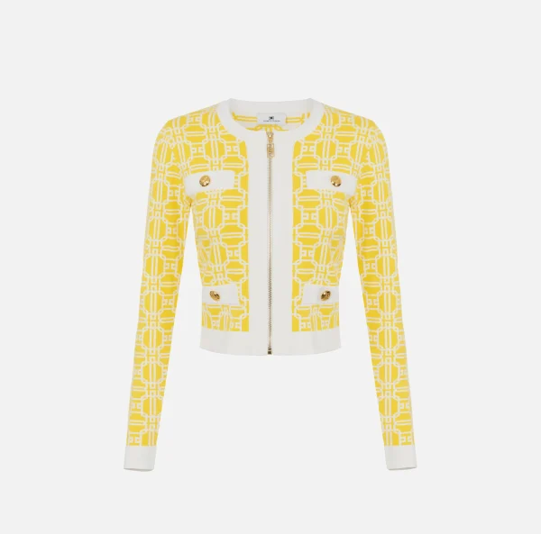 Elisabetta Franchi Maglieria E Felpe^Cardigan cropped logo jacquard Mimosa/Avorio