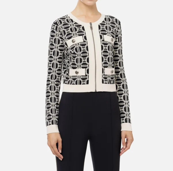 Elisabetta Franchi Maglieria E Felpe^Cardigan cropped logo jacquard Nero/Burro