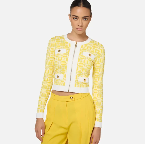Elisabetta Franchi Maglieria E Felpe^Cardigan cropped logo jacquard Mimosa/Avorio