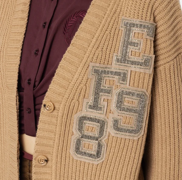 Elisabetta Franchi Maglieria E Felpe^Cardigan in lana costa inglese con patch logo Camel