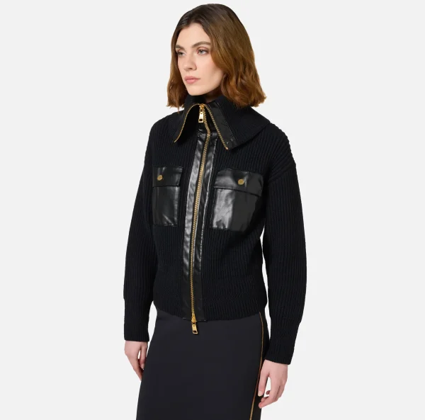 Elisabetta Franchi Maglieria E Felpe^Cardigan in lana costa inglese con maxi zip Nero