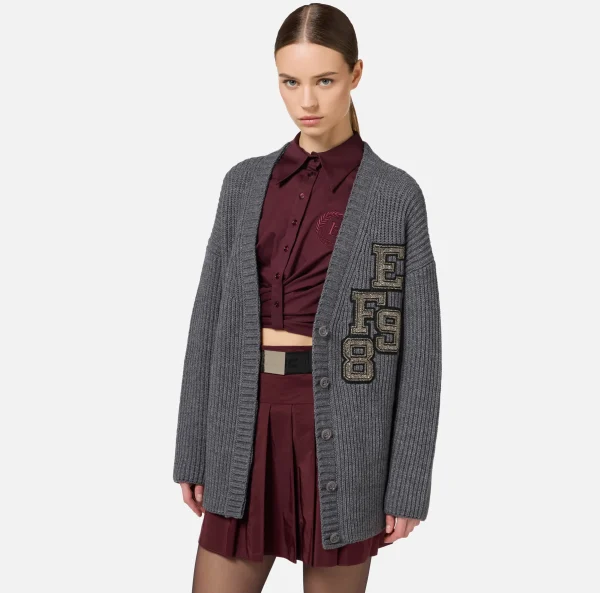 Elisabetta Franchi Maglieria E Felpe^Cardigan in lana costa inglese con patch logo SteelMelange