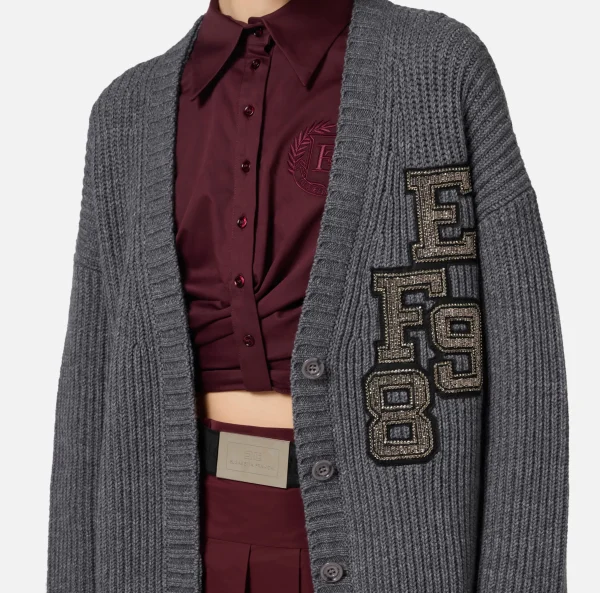 Elisabetta Franchi Maglieria E Felpe^Cardigan in lana costa inglese con patch logo SteelMelange
