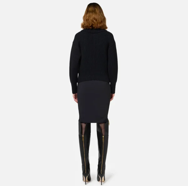 Elisabetta Franchi Maglieria E Felpe^Cardigan in lana costa inglese con maxi zip Nero