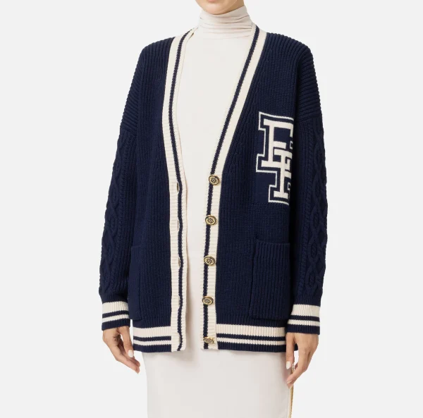 Elisabetta Franchi Maglieria E Felpe^Cardigan in lana tipo college Navy/Burro
