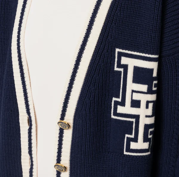 Elisabetta Franchi Maglieria E Felpe^Cardigan in lana tipo college Navy/Burro