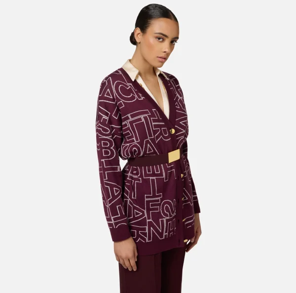 Elisabetta Franchi Maglieria E Felpe^Cardigan in misto lana lettering RougeNoir/Burro