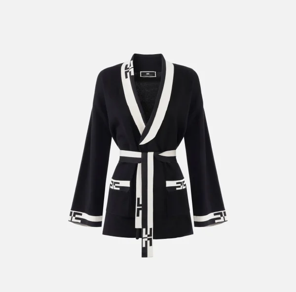 Elisabetta Franchi Maglieria E Felpe^Cardigan in viscosa con bande logo Nero/Burro