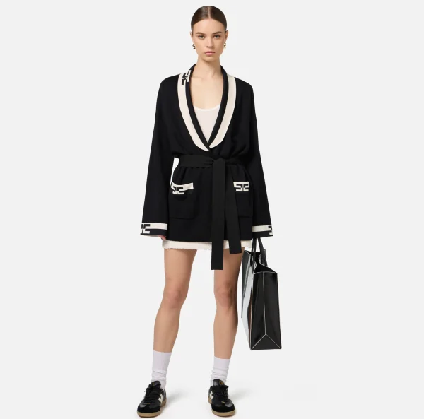 Elisabetta Franchi Maglieria E Felpe^Cardigan in viscosa con bande logo Nero/Burro