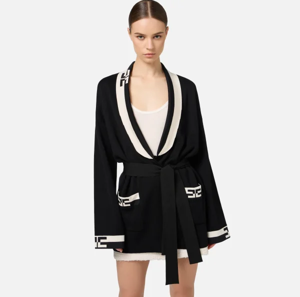 Elisabetta Franchi Maglieria E Felpe^Cardigan in viscosa con bande logo Nero/Burro