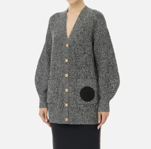Elisabetta Franchi Maglieria E Felpe^Cardigan in viscosa mouliné con patch logo Nero/Burro