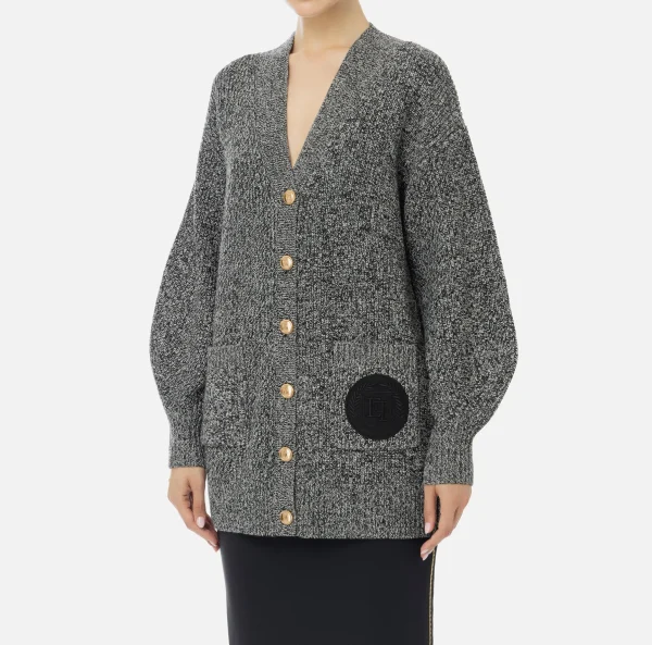Elisabetta Franchi Maglieria E Felpe^Cardigan in viscosa mouliné con patch logo Nero/Burro