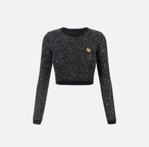 Elisabetta Franchi Maglieria E Felpe^Crop top in lana con filo paillettes Nero/Silver