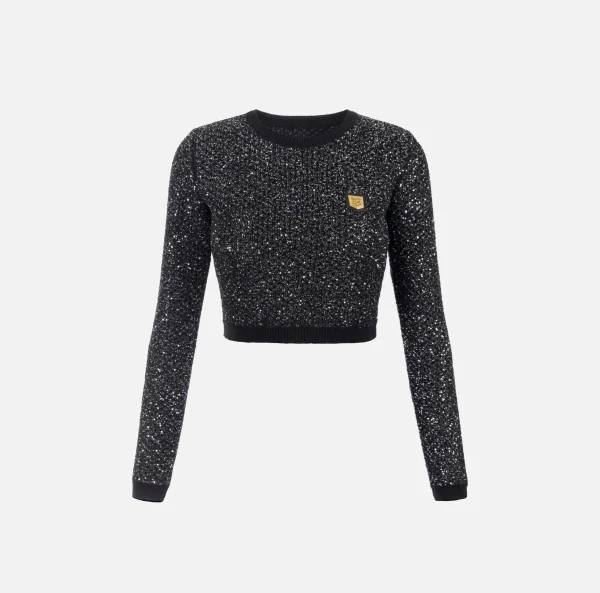 Elisabetta Franchi Maglieria E Felpe^Crop top in lana con filo paillettes Nero/Silver