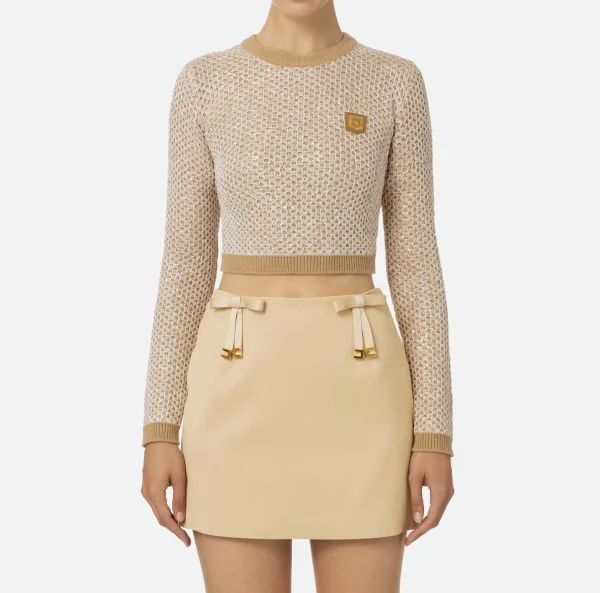 Elisabetta Franchi Maglieria E Felpe^Crop top in lana con filo paillettes Camel/Gold