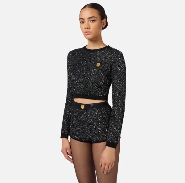 Elisabetta Franchi Maglieria E Felpe^Crop top in lana con filo paillettes Nero/Silver