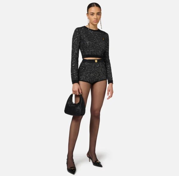 Elisabetta Franchi Pantaloni E Shorts^Culotte in lana con filo paillettes Nero/Silver