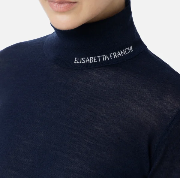 Elisabetta Franchi Maglieria E Felpe^Dolcevita in lana merino con logo jacquard Navy