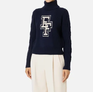 Elisabetta Franchi Maglieria E Felpe^Dolcevita in lana tipo college Navy/Burro