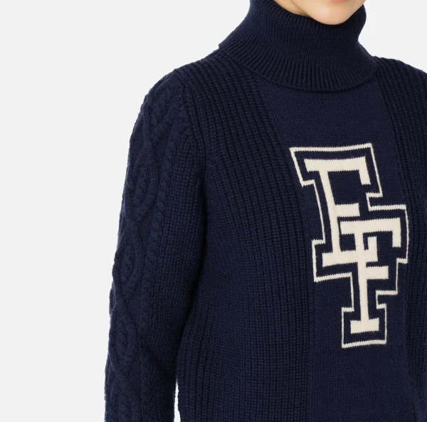 Elisabetta Franchi Maglieria E Felpe^Dolcevita in lana tipo college Navy/Burro
