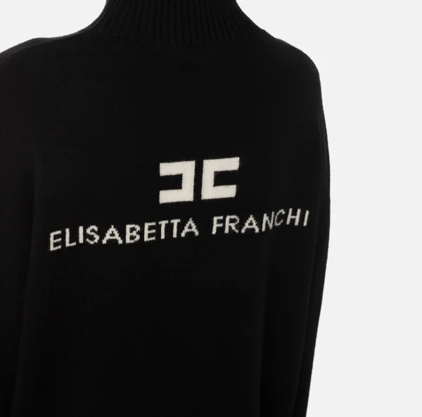 Elisabetta Franchi Maglieria E Felpe^Dolcevita in misto cashmere con logo Nero/Burro