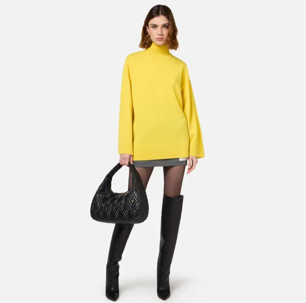 Elisabetta Franchi Maglieria E Felpe^Dolcevita in misto cashmere con logo Mimosa/Nero