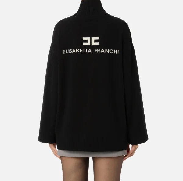 Elisabetta Franchi Maglieria E Felpe^Dolcevita in misto cashmere con logo Nero/Burro