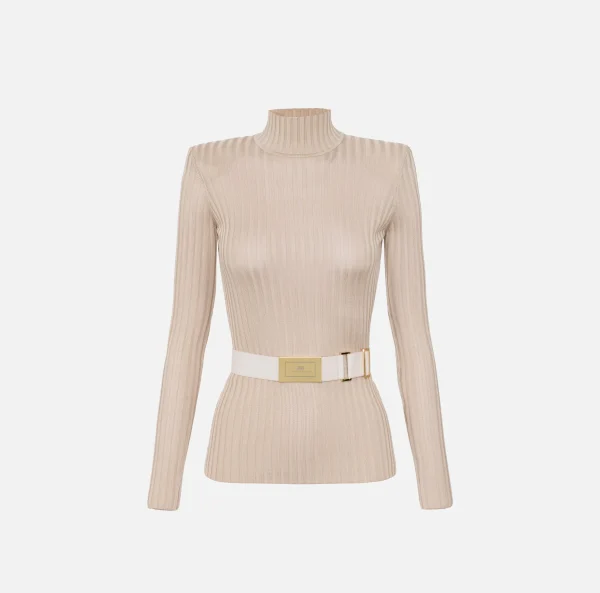 Elisabetta Franchi Maglieria E Felpe^Dolcevita in viscosa lucida a costine con cintura Lattice