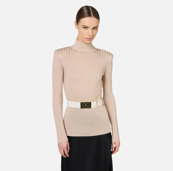 Elisabetta Franchi Maglieria E Felpe^Dolcevita in viscosa lucida a costine con cintura Lattice
