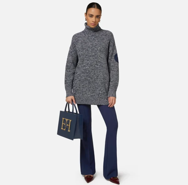 Elisabetta Franchi Maglieria E Felpe^Dolcevita in viscosa mouliné con patch logo Navy/Lattice