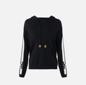 Elisabetta Franchi Maglieria E Felpe^Felpa con cappuccio in viscosa con bande logo Nero/Burro