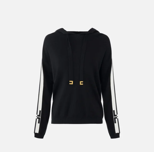 Elisabetta Franchi Maglieria E Felpe^Felpa con cappuccio in viscosa con bande logo Nero/Burro