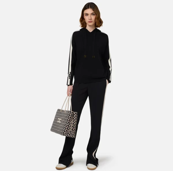 Elisabetta Franchi Maglieria E Felpe^Felpa con cappuccio in viscosa con bande logo Nero/Burro