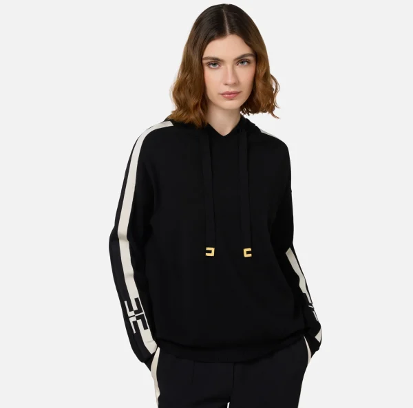 Elisabetta Franchi Maglieria E Felpe^Felpa con cappuccio in viscosa con bande logo Nero/Burro