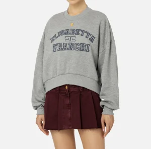 Elisabetta Franchi Maglieria E Felpe^Felpa cropped in cotone con logo college Grigiomelange