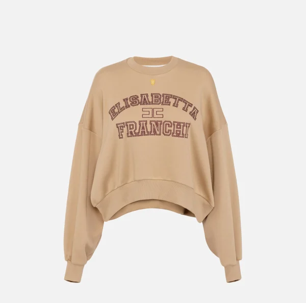 Elisabetta Franchi Maglieria E Felpe^Felpa cropped in cotone con logo college Camel