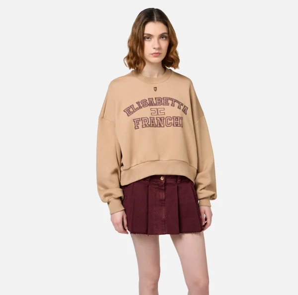 Elisabetta Franchi Maglieria E Felpe^Felpa cropped in cotone con logo college Camel
