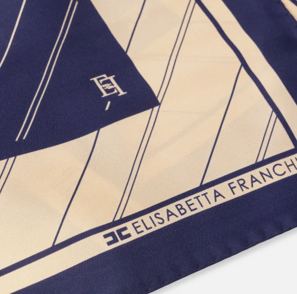 Elisabetta Franchi Sciarpe^Foulard in seta con pattern righe diagonali e logo Navy/Crema