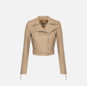 Elisabetta Franchi Giacche & Trench^Giacca biker in pelle con zip Camel