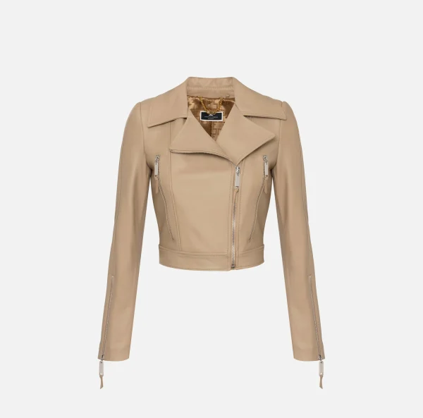 Elisabetta Franchi Giacche & Trench^Giacca biker in pelle con zip Camel