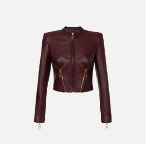 Elisabetta Franchi Giacche & Trench^Giacca biker in pelle con coppe RougeNoir