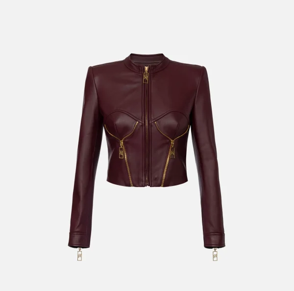 Elisabetta Franchi Giacche & Trench^Giacca biker in pelle con coppe RougeNoir