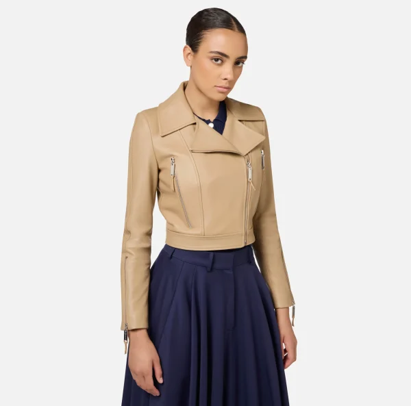 Elisabetta Franchi Giacche & Trench^Giacca biker in pelle con zip Camel