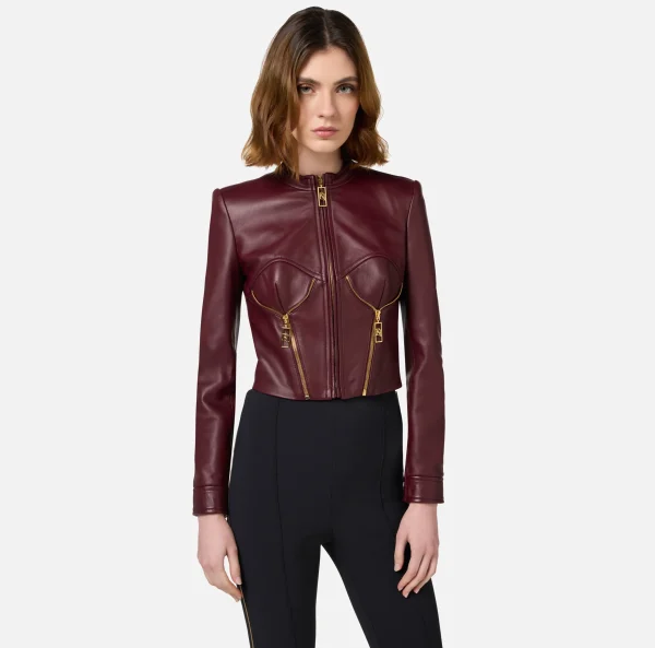 Elisabetta Franchi Giacche & Trench^Giacca biker in pelle con coppe RougeNoir