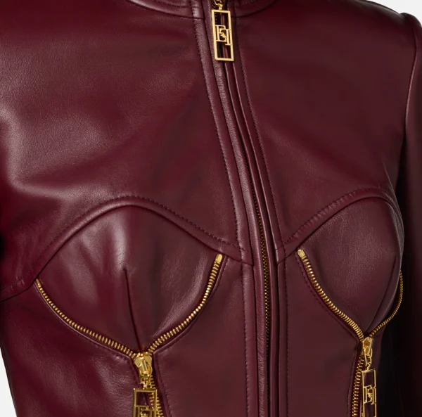 Elisabetta Franchi Giacche & Trench^Giacca biker in pelle con coppe RougeNoir