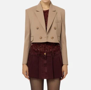 Elisabetta Franchi Giacche & Trench^Giacca cropped doppiopetto in fresco di lana Camel
