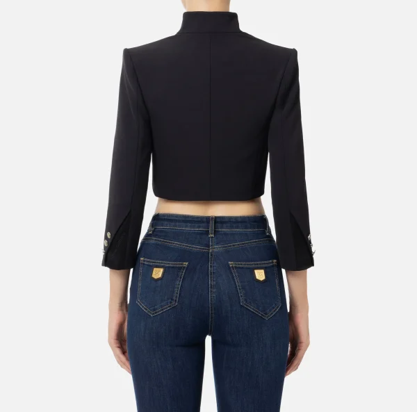Elisabetta Franchi Giacche & Trench^Giacca cropped in crêpe con revers in raso Nero