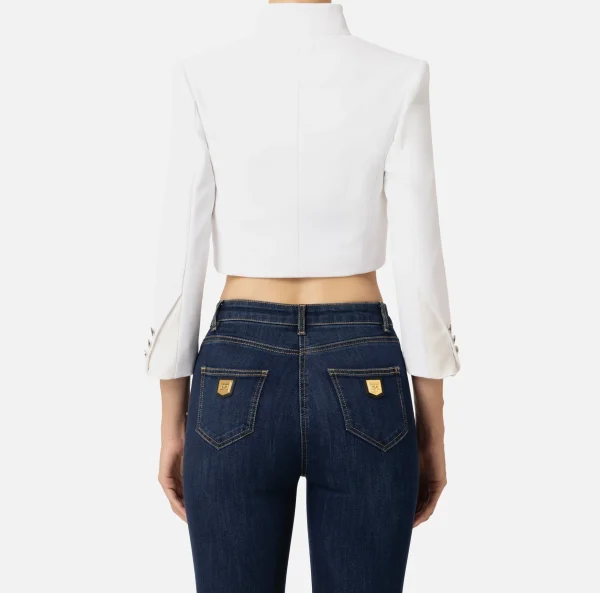 Elisabetta Franchi Giacche & Trench^Giacca cropped in crêpe con revers in raso Avorio