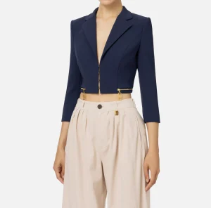 Elisabetta Franchi Giacche & Trench^Giacca cropped in crêpe stretch con zip Navy